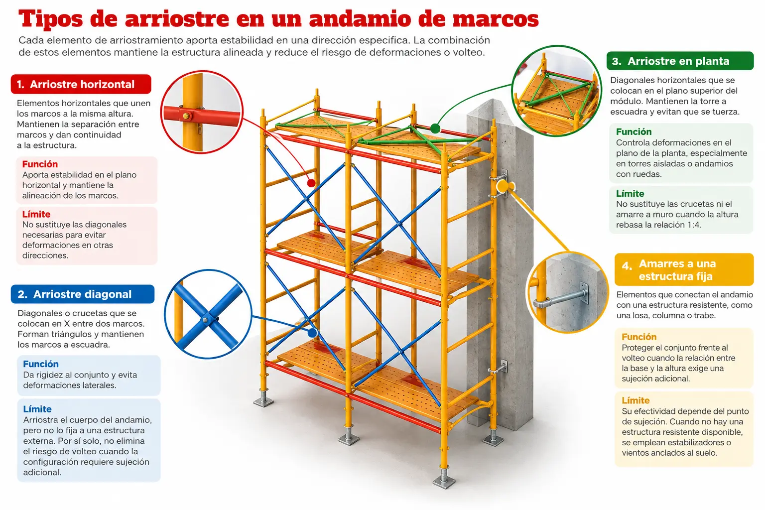 Tipos de arriostre de andamios: horizontal, diagonal, en planta y amarres a estructura fija